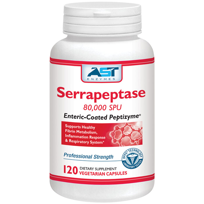 Serrapeptase 80,000 SPU, Enteric-Coated Peptizyme, 300 Vegetarian Capsules, AST Enzymes