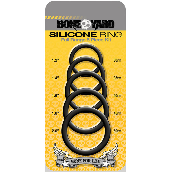 Silicone Cock Ring Full Range 5 Piece Kit - Black, Boneyard