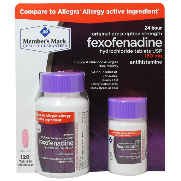 Fexofenadine Hydrochloride Antihistamine 180 mg, Allergy Relief, 120 Tablets, Members Mark