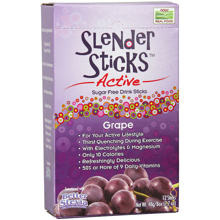 Slender Sticks Active - Grape, Drink Mix With Electrolytes, 12 Sticks, NOW Foods
