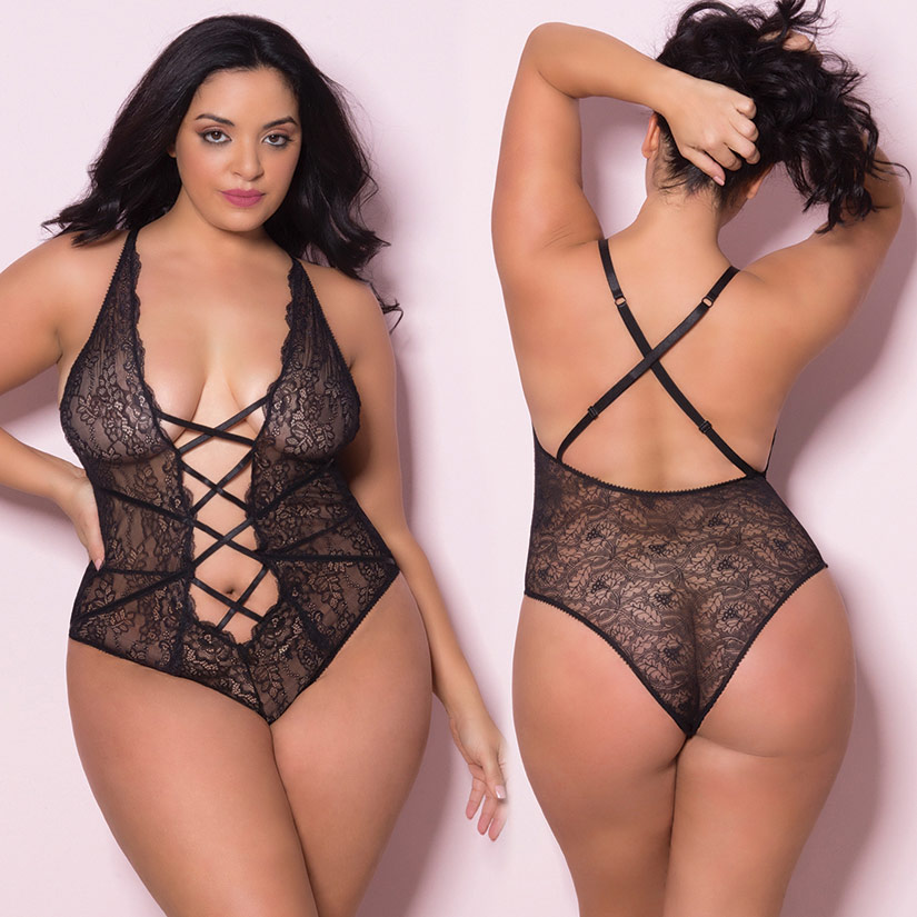 Soft Lace Teddy with Front Lace Up Detail, Black, Queen Size, Oh La La Cheri Lingerie