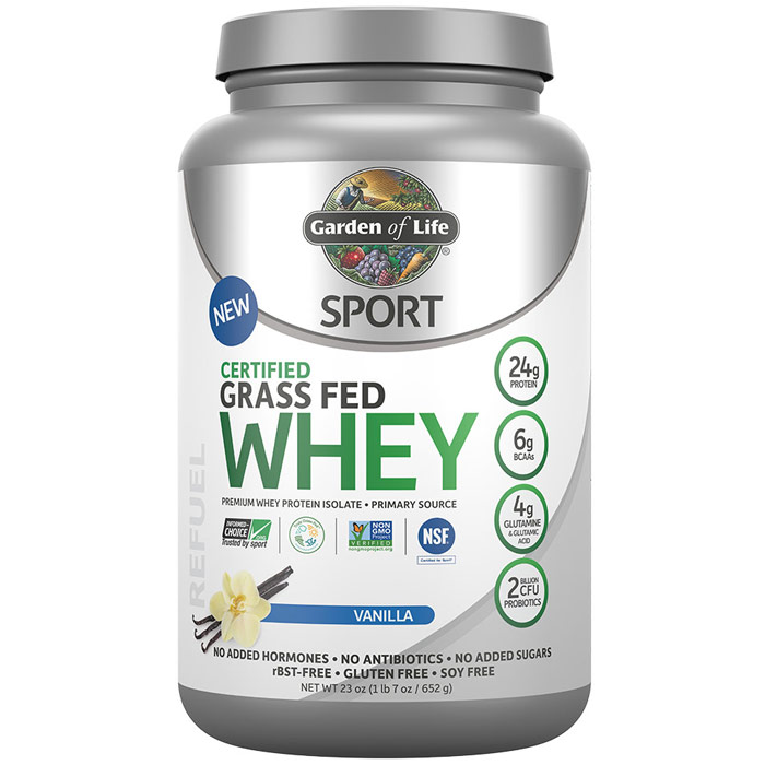 SPORT Refuel Certified Grass Fed Whey Protein Powder, Vanilla, 23 oz (652 g), Garden of Life