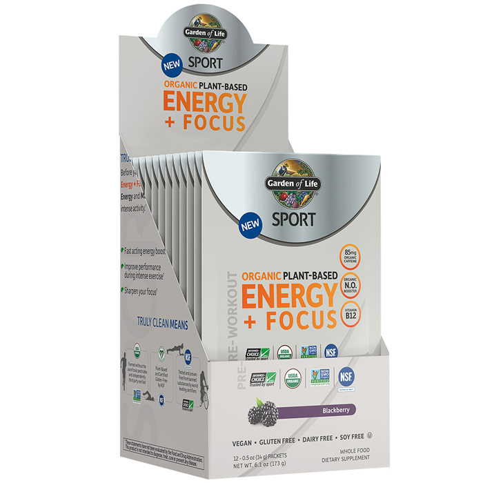 SPORT Pre-Workout Organic Plant-Based Energy + Focus Powder, Blackberry, 0.5 oz x 12 Packets, Garden of Life