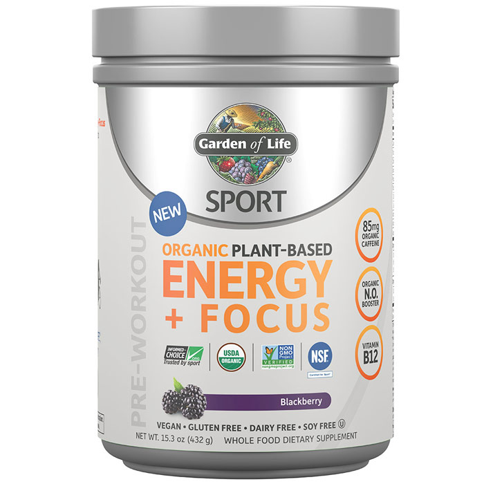 SPORT Pre-Workout Organic Plant-Based Energy + Focus Powder, Blackberry, 15.3 oz (432 g), Garden of Life