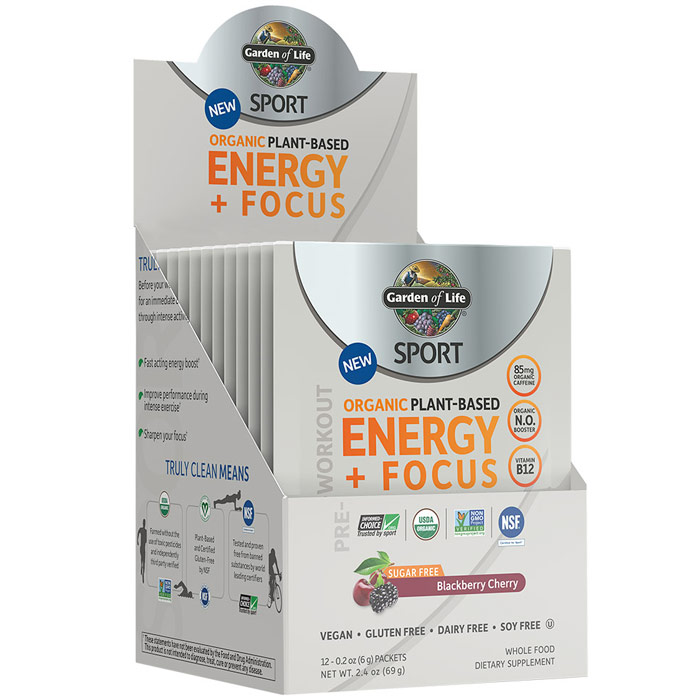 SPORT Pre-Workout Organic Plant-Based Energy + Focus Powder, Sugar Free, Blackberry Cherry, 0.2 oz x 12 Packets, Garden of Life