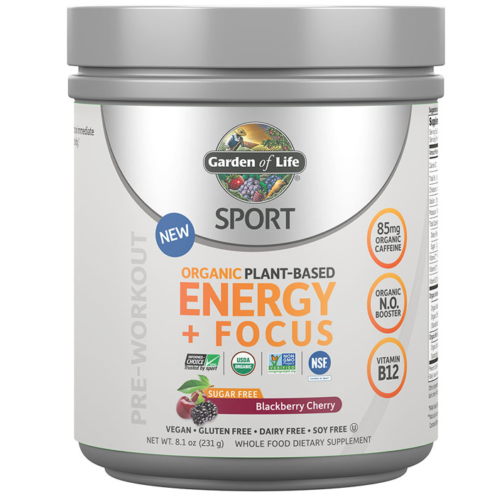 SPORT Pre-Workout Organic Plant-Based Energy + Focus Powder, Sugar Free, Blackberry Cherry, 8.1 oz (231 g), Garden of Life