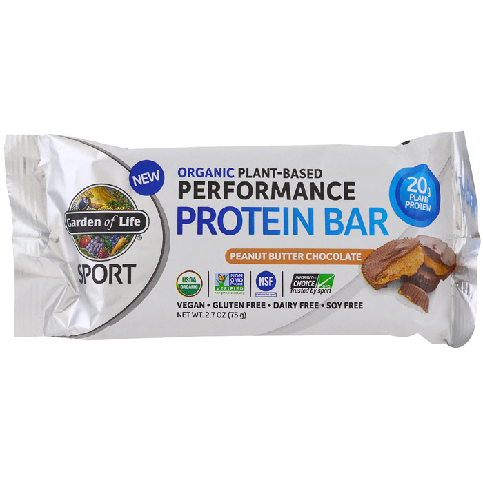 SPORT Refuel Organic Plant-Based Performance Protein Bar, Peanut Butter Chocolate, 2.7 oz x 12 Bars, Garden of Life