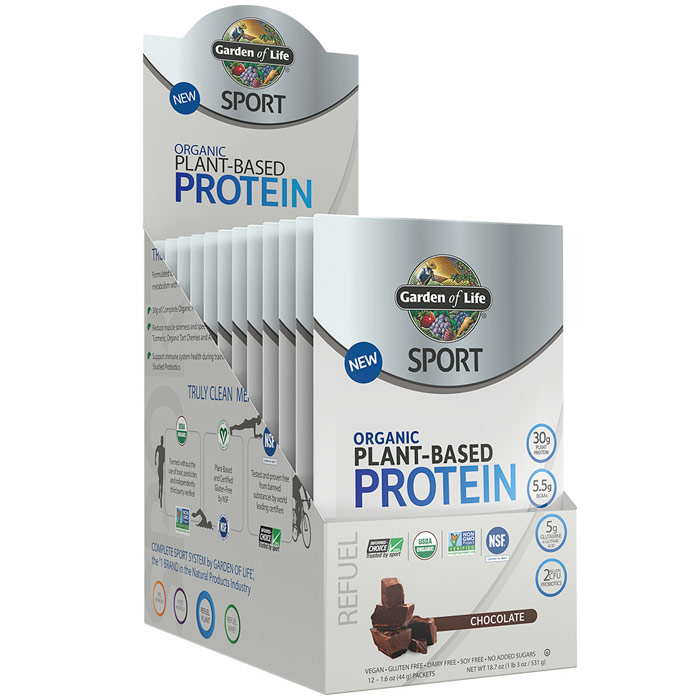 SPORT Refuel Organic Plant-Based Protein Powder, Chocolate, 1.6 oz x 12 Packets, Garden of Life