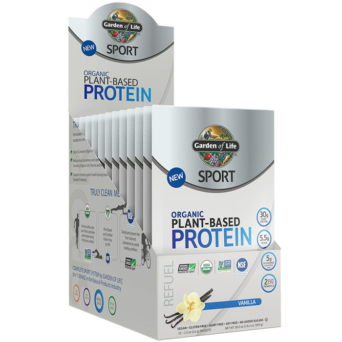 SPORT Refuel Organic Plant-Based Protein Powder, Vanilla, 1.5 oz x 12 Packets, Garden of Life