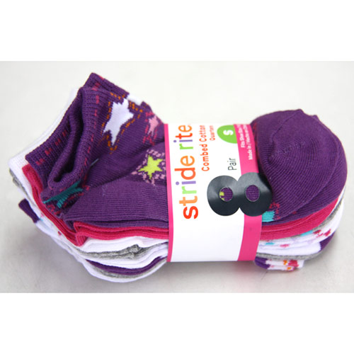 Stride Rite Girls Combed Cotton Quarters Socks, Size S, 8 Pair
