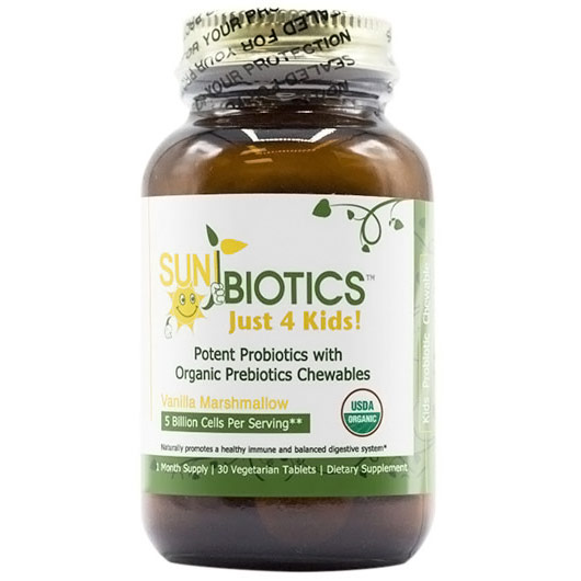 SunBiotics Just 4 Kids Organic Probiotic Chewables - Vanilla Marshmallow, 30 Vegetarian Tablets, Windy City Organics