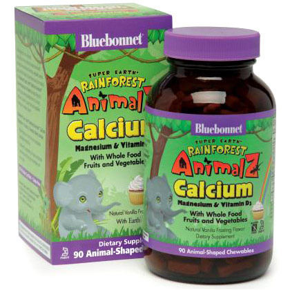 Super Earth Rainforest Animalz Calcium Magnesium & Vitamin D3, Natural Vanilla Frosting Flavor, 90 Chewables, Bluebonnet Nutrition