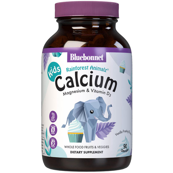 Super Earth Rainforest Animalz Calcium Magnesium & Vitamin D3, Natural Vanilla Frosting Flavor, 90 Chewables, Bluebonnet Nutrition