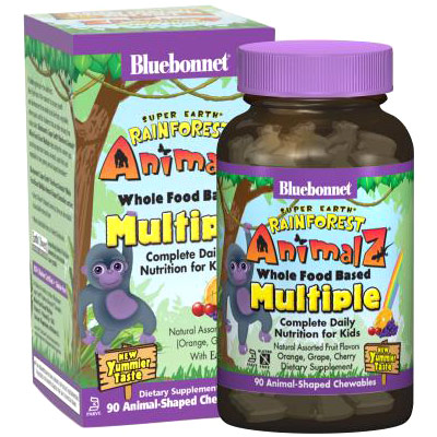 Super Earth Rain Forest Animalz Whole Food Based Multiple for Kids, Natural Assorted Fruit Flavor, 180 Chewable Tablets, Bluebonnet Nutrition
