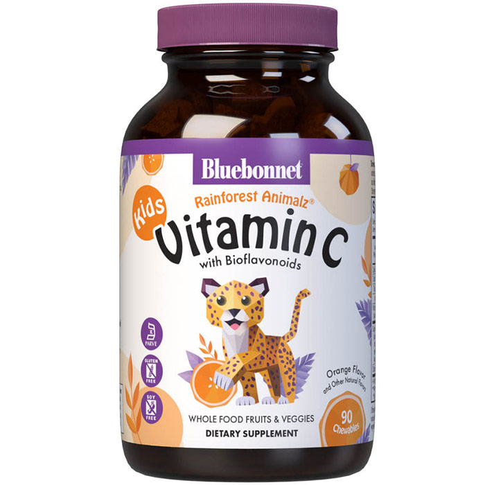 Super Earth Rainforest Animalz Vitamin C, Natural Orange Flavor, 90 Chewable Tablets, Bluebonnet Nutrition