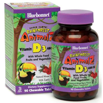 Super Earth Rainforest Animalz Vitamin D3 400 IU, Natural Mixed Berry Flavor, 90 Chewable Tablets, Bluebonnet Nutrition