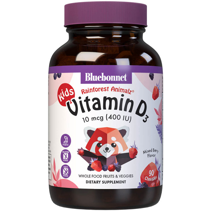 Super Earth Rainforest Animalz Vitamin D3 400 IU, Natural Mixed Berry Flavor, 90 Chewable Tablets, Bluebonnet Nutrition