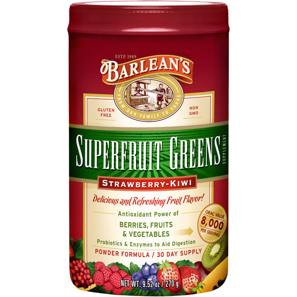 Superfruit Greens Powder, Strawberry-Kiwi, 9.52 oz, Barleans Organic Oils