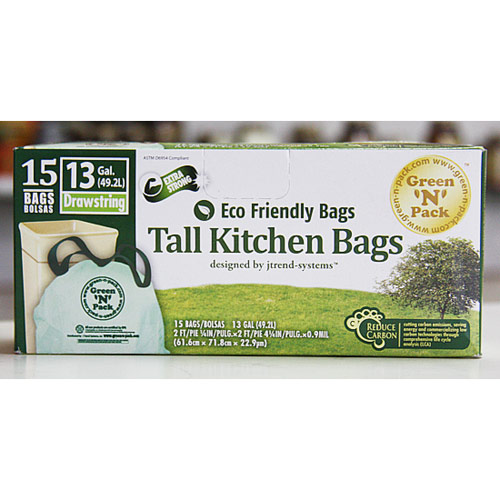 Green'N'Pack Eco Friendly Bags Tall Kitchen Drawstring Trash Bags, 13 Gallon, 15 Count/Box, Green'N'Pack Eco Friendly Bags