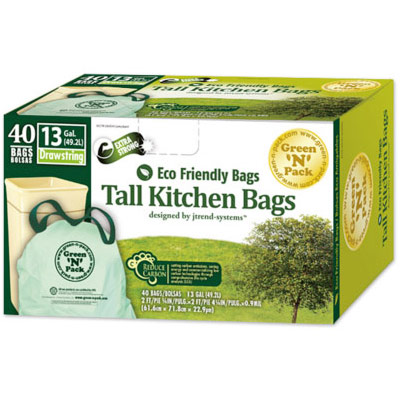 Tall Kitchen Drawstring Trash Bags, 13 Gallon, 40 Count/Box, GreenNPack Eco Friendly Bags