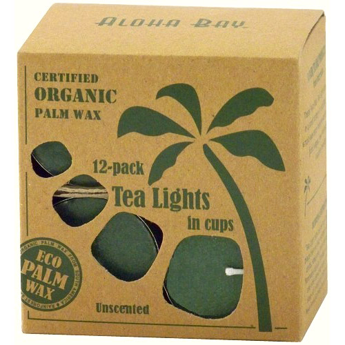 Eco Palm Wax Tea Lights in Cups, Unscented, Green, 12 Candles, Aloha Bay