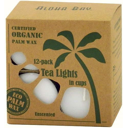 Eco Palm Wax Tea Lights in Cups, Unscented, White, 12 Candles, Aloha Bay