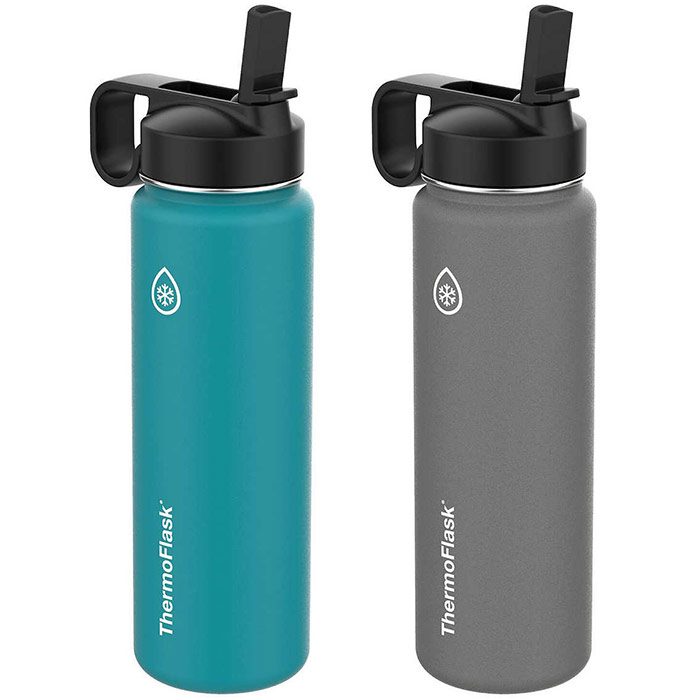 ThermoFlask Stainless Steel 24 oz Water Bottle with Straw Lid, 2 Pack