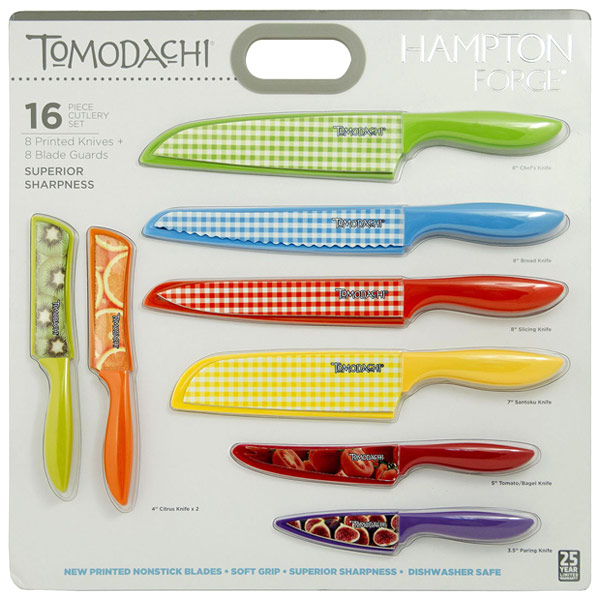Hampton Forge 16 Piece Tomodachi Prints Cutlery Set, Printed Knives + Blade Guards, 1 Kit