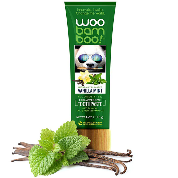 Fluoride Free Toothpaste with Bamboo & Green Tea Extracts, Vanilla Mint, 4 oz, WooBamboo