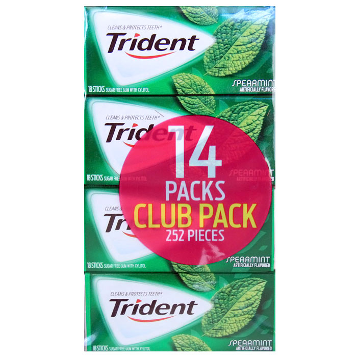 Trident Sugar Free Gum with Xylitol, Spearmint, 252 Pieces (18 Sticks x 14 Packs)