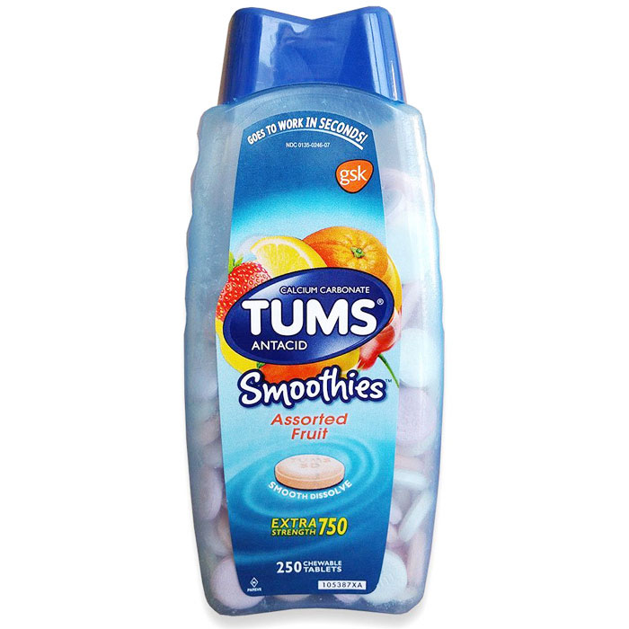 Tums Extra Strength Smoothies, Calcium Carbonate Antacid Supplement, 250 Chewable Tablets