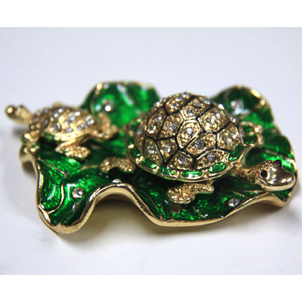 Turtles on Lotus Leaves Gilt Jewelry Gift Box with Fine Crystals