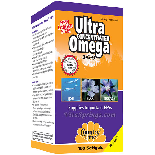 Ultra Omega 3-6-9 Concentrated 180 Softgels, Country Life