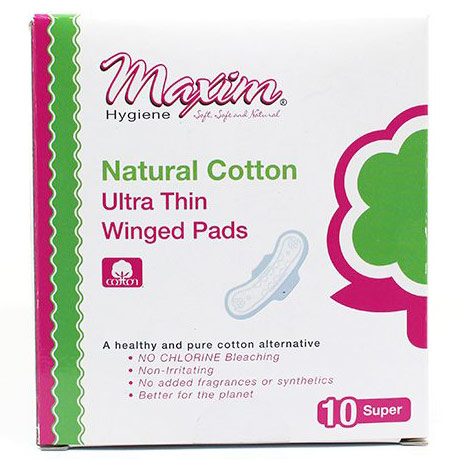 Natural Cotton Ultra Thin Winged Pads, Overnight, 10 Count, Maxim Hygiene Products