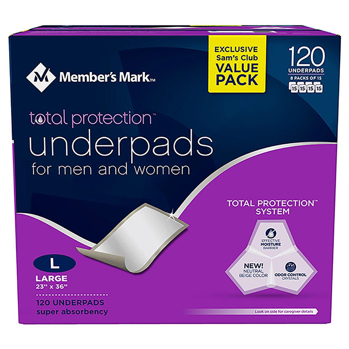 Underpads for Men & Women, Large, 23" x 36", Value Pack, 120 ct, Members Mark