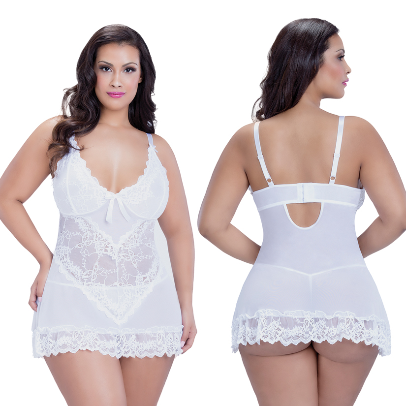 Valentine Lacey Babydoll with G-String, White, Large, Oh La La Cheri Lingerie