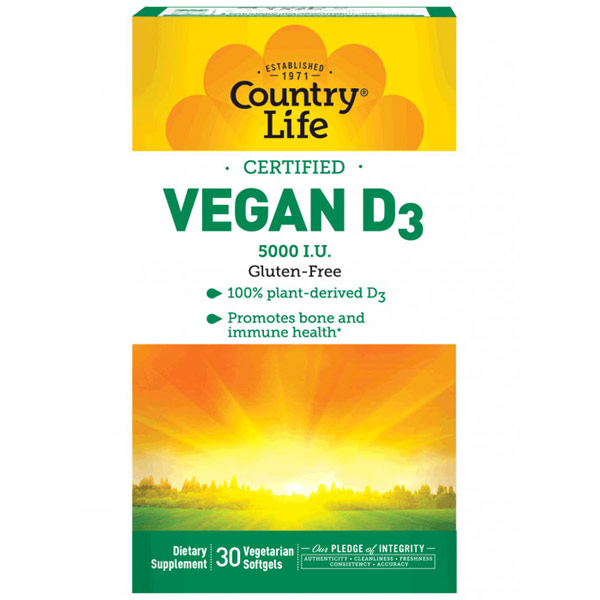 Vegan D3, Vitamin D 5000 IU, 30 Vegetarian Softgels, Country Life