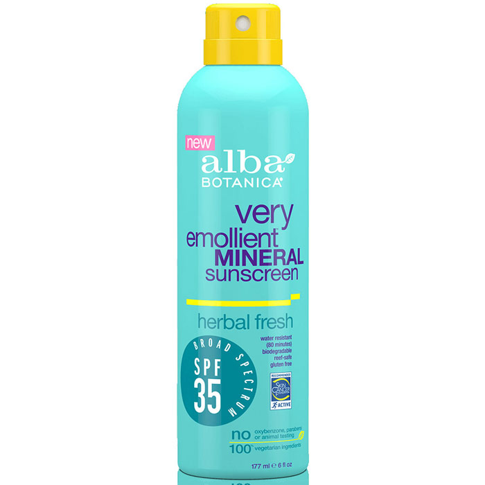 Very Emollient Mineral Sunscreen Spray SPF 35, Herbal Fresh, 6 oz, Alba Botanica