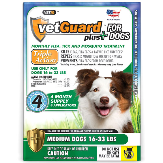 VetIQ VetGuard Plus for Medium Dogs, Flea & Tick Control, 4 Applicators