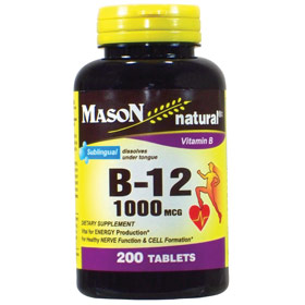 Vitamin B 12 1000 mcg Sublingual Tablets, 200 Tablets, Mason Natural