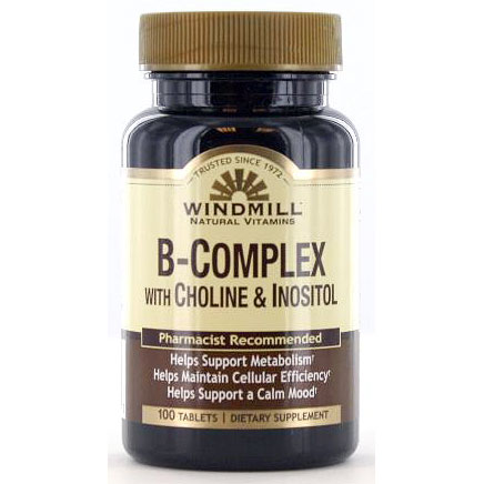 Vitamin B Complex with Choline &Inositol, 100 Tablets, Windmill Health Products