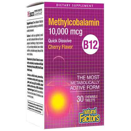 Vitamin B12 Methylcobalamin 10,000 mcg, Cherry Flavor, 30 Chewable Tablets, Natural Factors