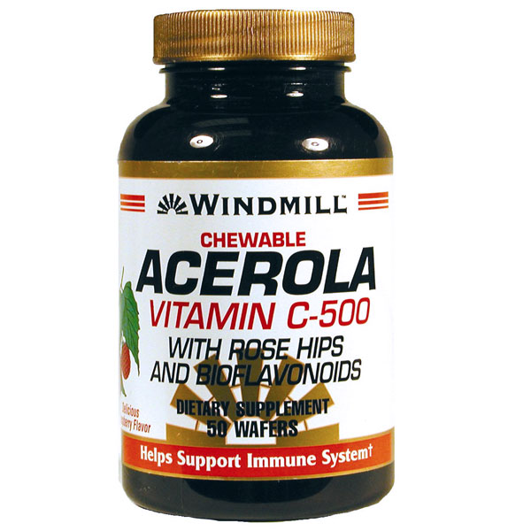 Acerola Vitamin C 500 mg Chewable, 50 Wafers, Windmill Health Products