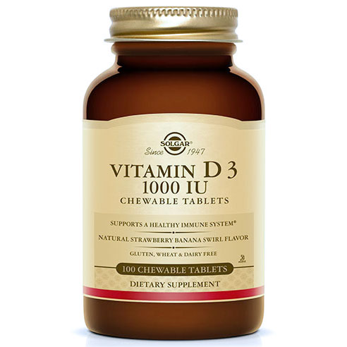 Vitamin D3 1000 IU Chewable - Natural Strawberry Banana Swirl, 100 Tablets, Solgar