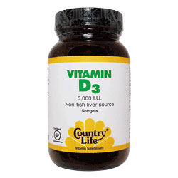 Vitamin D3 5000 IU, Non-Fish Liver Source, 200 Softgels, Country Life