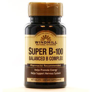 Vitamin Super B-100, Balanced B Complex, 60 Tablets, Windmill Health Products