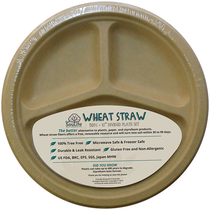 Wheat Straw - Plate 10 Inch Divided Unbleached Natural, 50 Plates, EcoSouLife