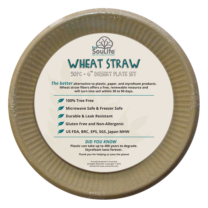 Wheat Straw - Plate 6 Inch Unbleached Natural, 50 Plates, EcoSouLife