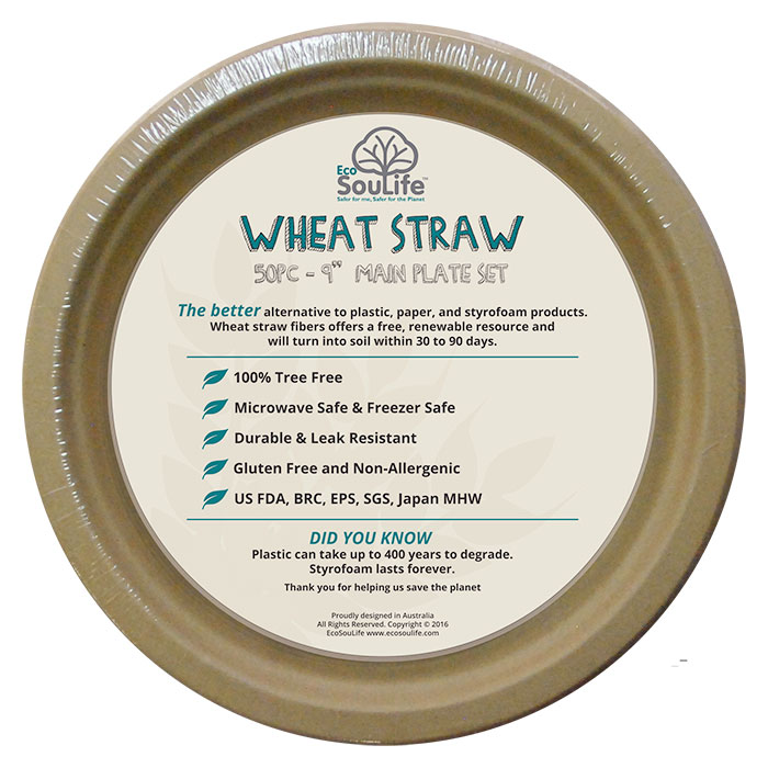 Wheat Straw - Plate 9 Inch Unbleached Natural, 50 Plates, EcoSouLife