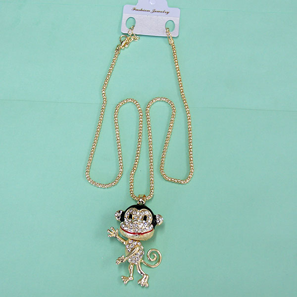 Women Fashion Rhinestone Bling Long Sweater Necklace - Black Hair Monkey